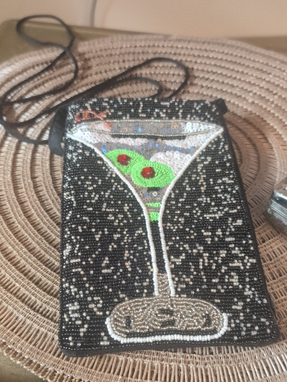 Bamboo Trading Co Beaded Black Martini Crossbody Phone Pouch with Green Accent